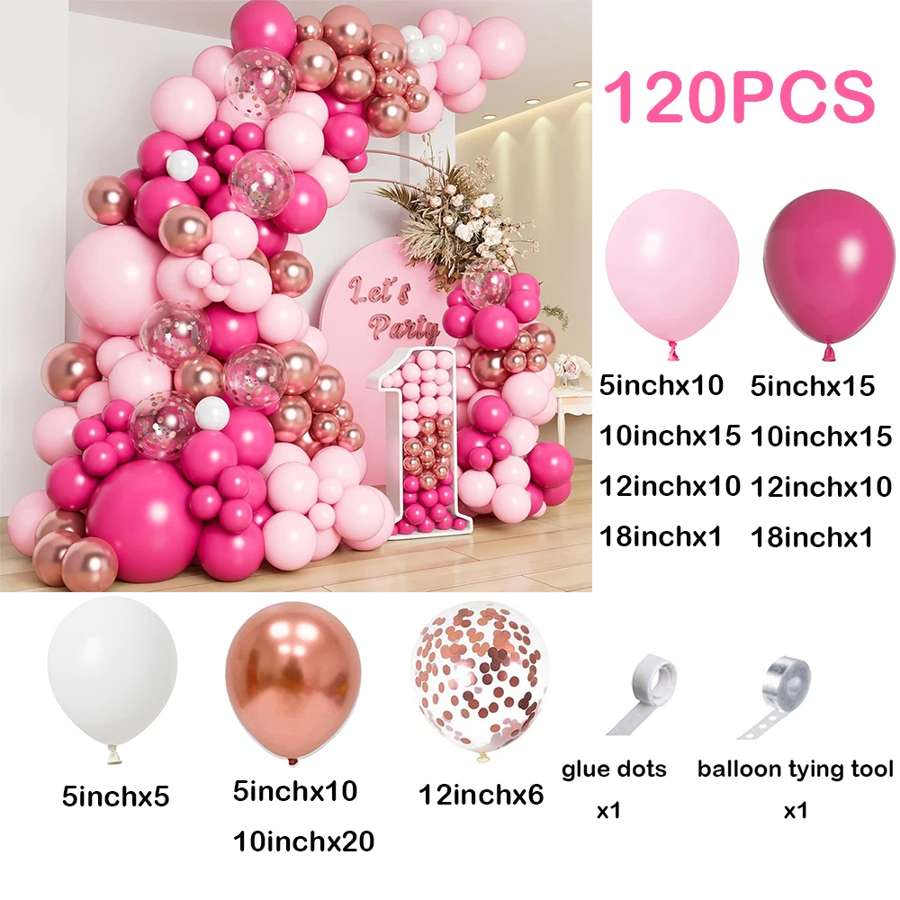 120Pcs Hot Pink Balloons Garland Arch Kit Wedding Princess Theme Party Decoration Rose Gold Confetti Balloons Bridal Baby Shower