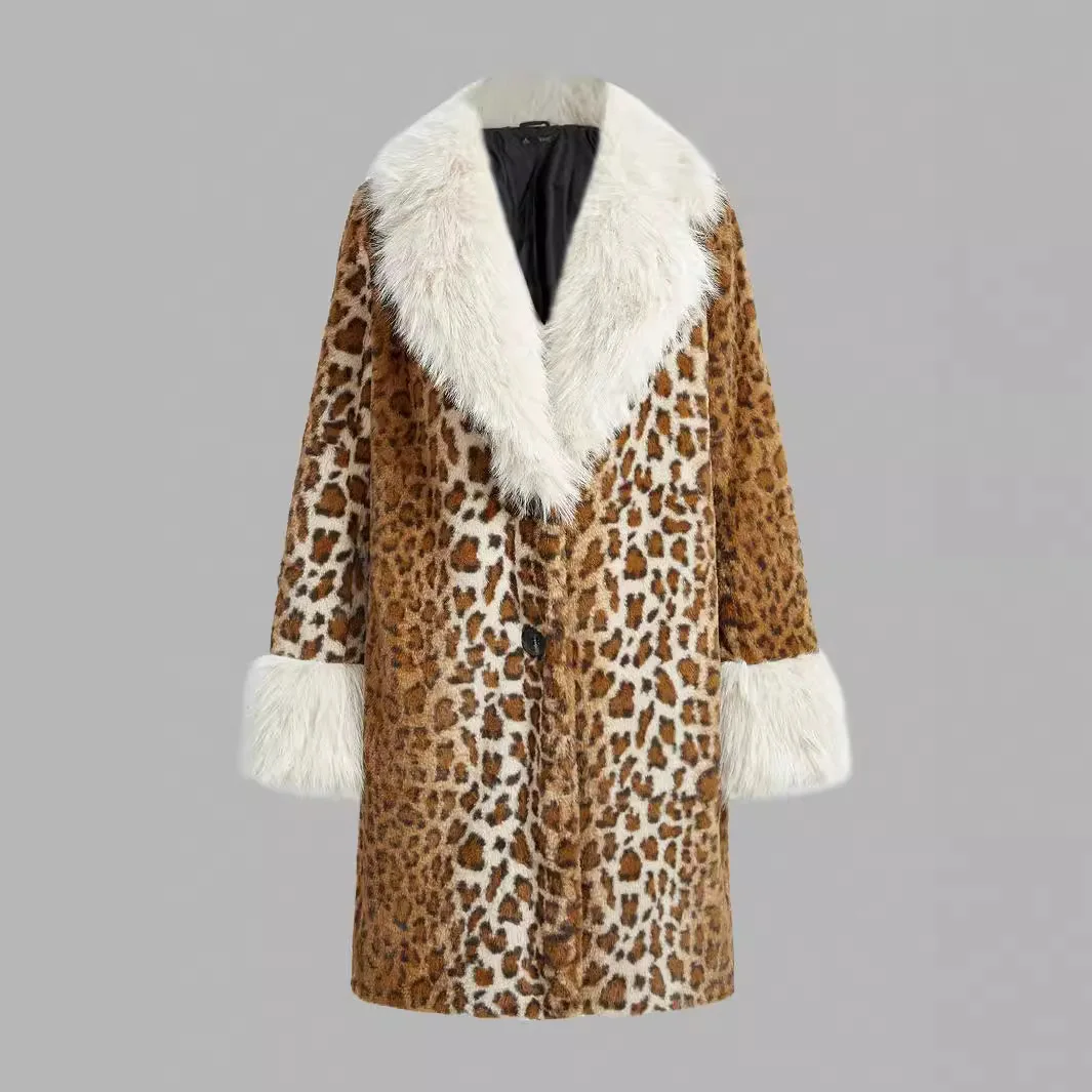 KIDCRKJ Winter Women Mink Fur Jacket Leopard Print Big Fur Collar Faux Fur Outwear For Female Long Over The Knee Lady Fur Coat