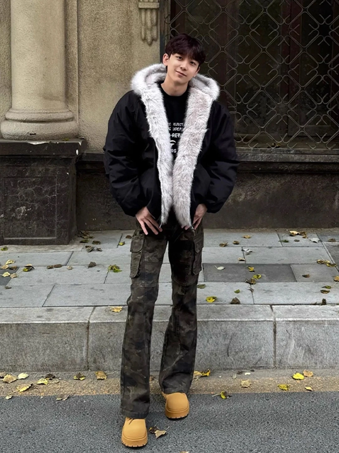 

Cleanfit Men's Cotton Jacket Hooded Short Thickened Fur Collar Autumn Winter Warm Outerwear Casual Loose Fit Pure Color