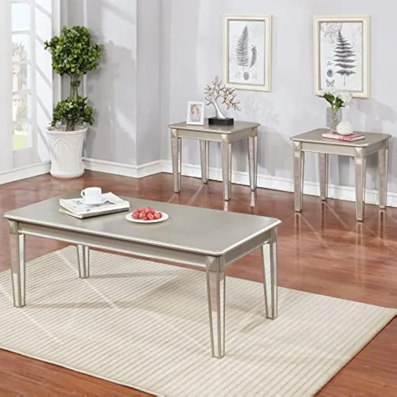 

Barent Contemporary Wood 3-Piece Coffee Table Set with Mirrored Legs, Champagne