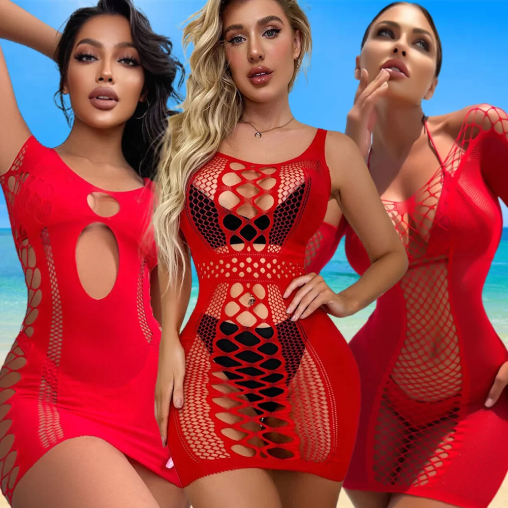 Fashion Women\'s Red Color Underwear Sexy Fishnet Beach Dress Erotic Mesh Transparent Short Skirt Ladies Sexy Mini Bodycon Dress