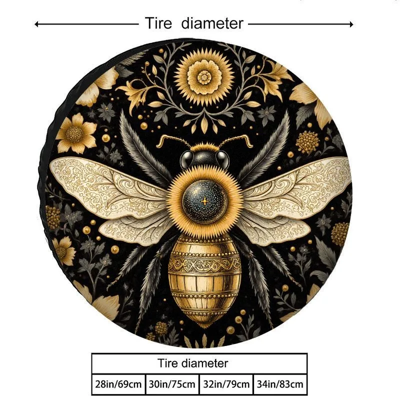 

Artistic Bee Tire Cover with Gold Floral Print Durable Polyester Spare Tire Protector for SUV Truck