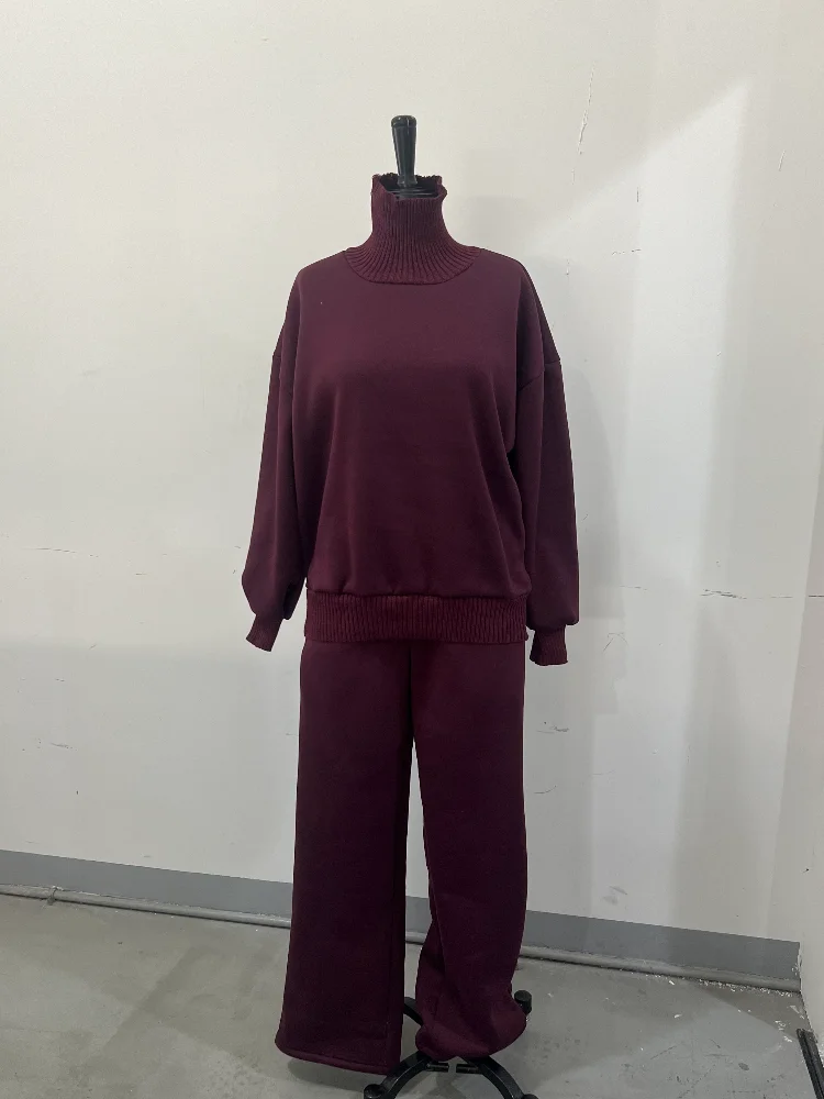 Solides zweiteiliges Damen-Set mit halbhohem Kragen, langen Ärmeln, seitlichem Reißverschluss, lockerem Pullover-Oberteil und gerader Hose, 2026 Damen-Matching-Set. – Detail 2