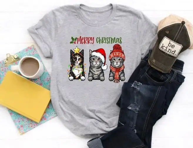 

Футболка с милыми котятами и Рождеством, забавная футболка на Рождество, лучше всего подходит для праздника