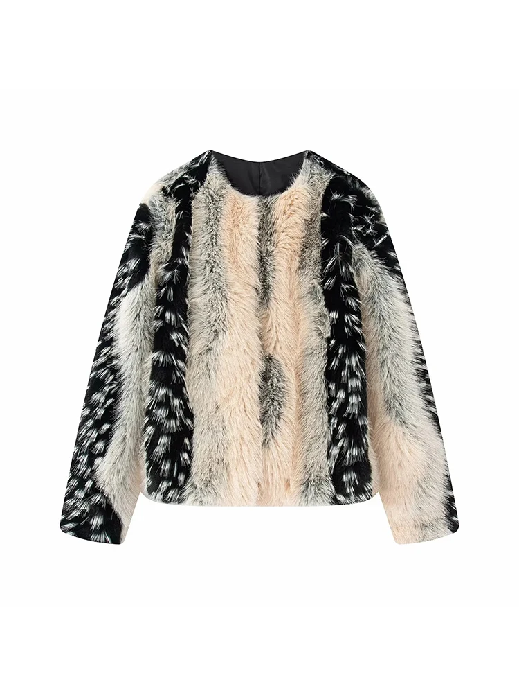 Women New Stylish Contrast Faux Fur Women Coat Elegant O-neck Single Breasted Full Sleeve Female Coats Winter Chic Lady Jacket