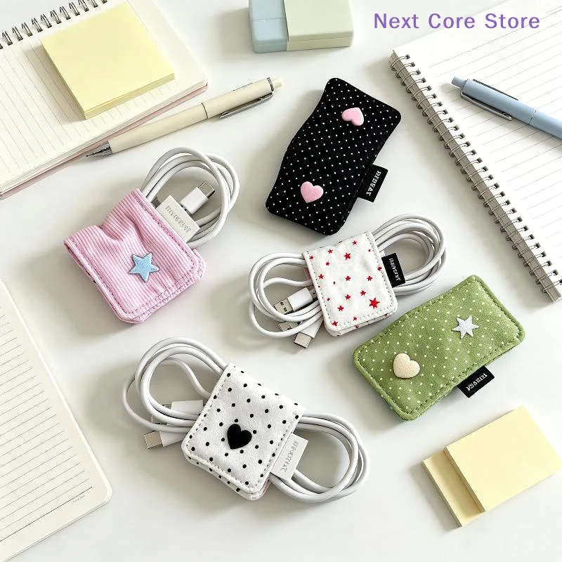 [NC]Handmade Fabric Cute Wave Dot Earphone Storage Bag Data Cable Organizer Earphone Decoration Accessories[NC]