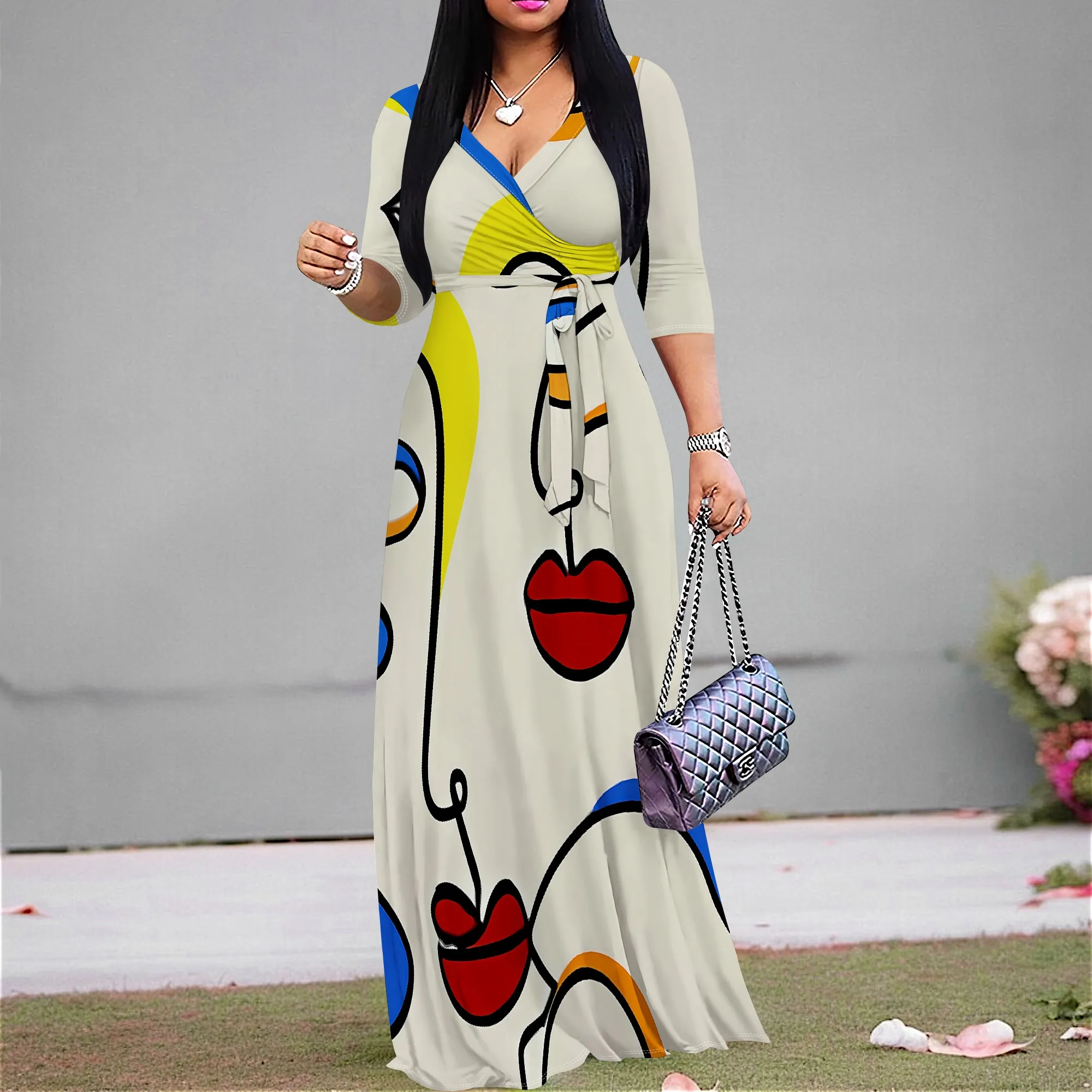 

Abstract Face Print Maxi Dress S-3XL V-Neck Belted for Art Show, Fashion Event or Creative Brunch Look