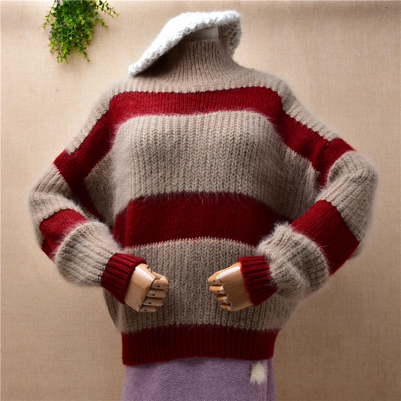

Female Women Winter Thick Warm Striped Angora Rabbit Hair Knitwear Long Sleeves Turtleneck Loose Pullover Pull Jumpers Sweater