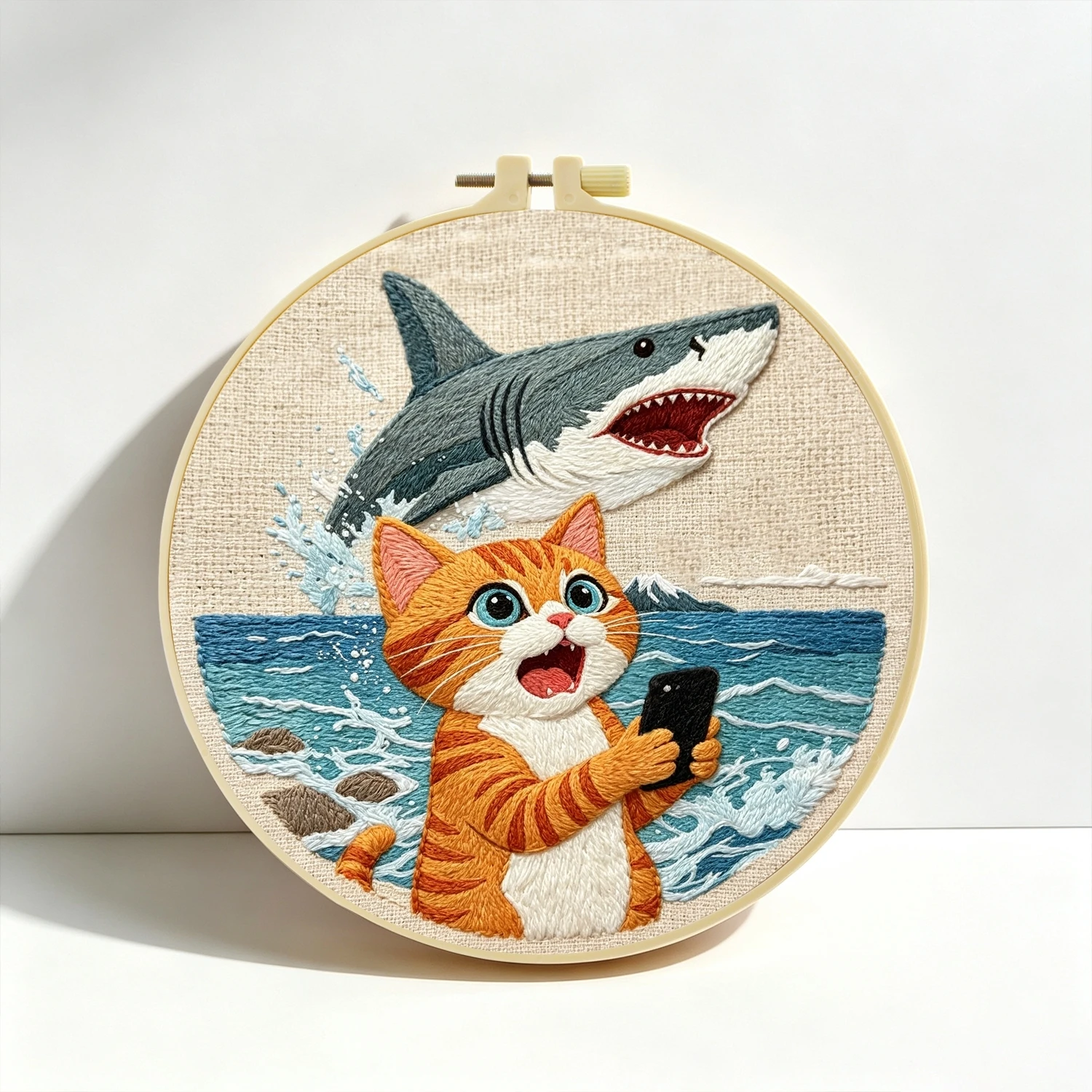 1 Set Katzen-Selfie-Hai DIY-Stickerei-Set für Anfänger, Stickerei-Starter-Kit, Kreuzstich-Kunstgeschenk, Handarbeits-Bastelset – Detail 5