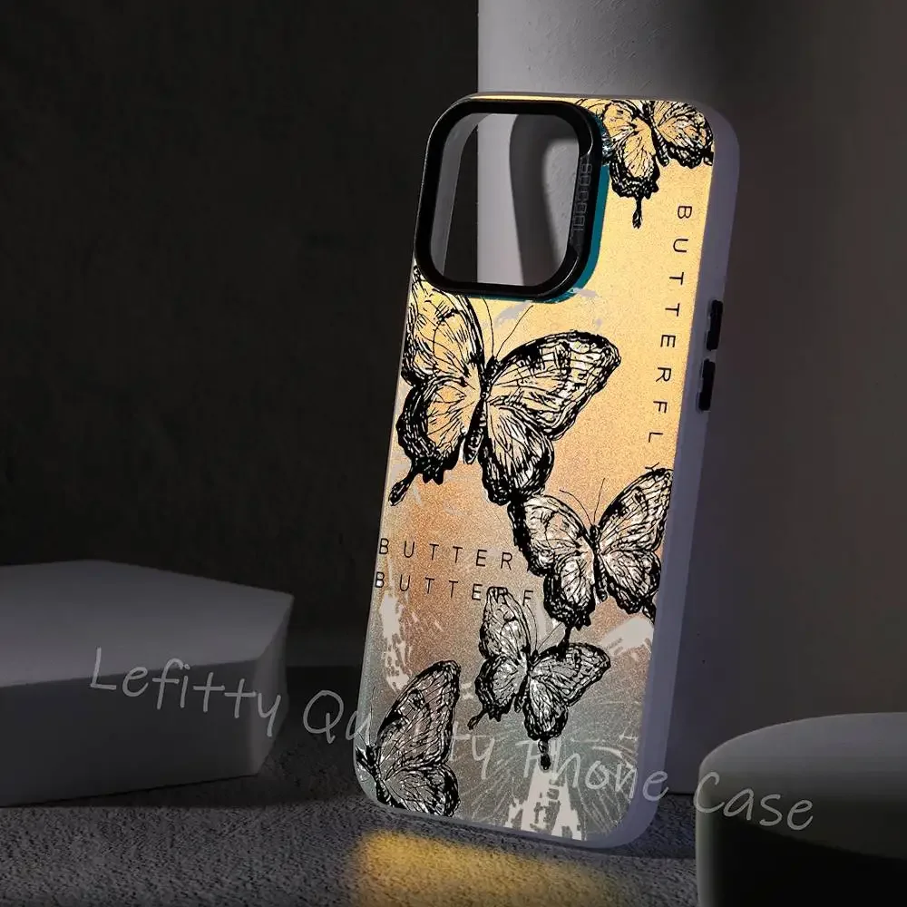 Retro Black Butterfly Fashion Phone Case For IPhone 17 16 15 14 13 12 11 Plus Pro Max Multicolor Aurora Laser Shockproof Funda