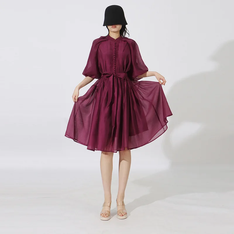 الفرنسية الرجعية نمط الدانتيل يصل فساتين الربيع المرأة نفخة الأكمام س الرقبة فستان فضفاض الصيف عالية الخصر الصلبة عادية طول الركبة فستان