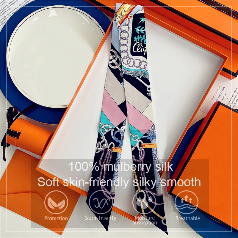 

2025 Brand Design Chains Women Mulberry Silk Scarf Luxury Scarf Fashion Hair Headband Foulard Skinny Bag Scarves Neckerchief