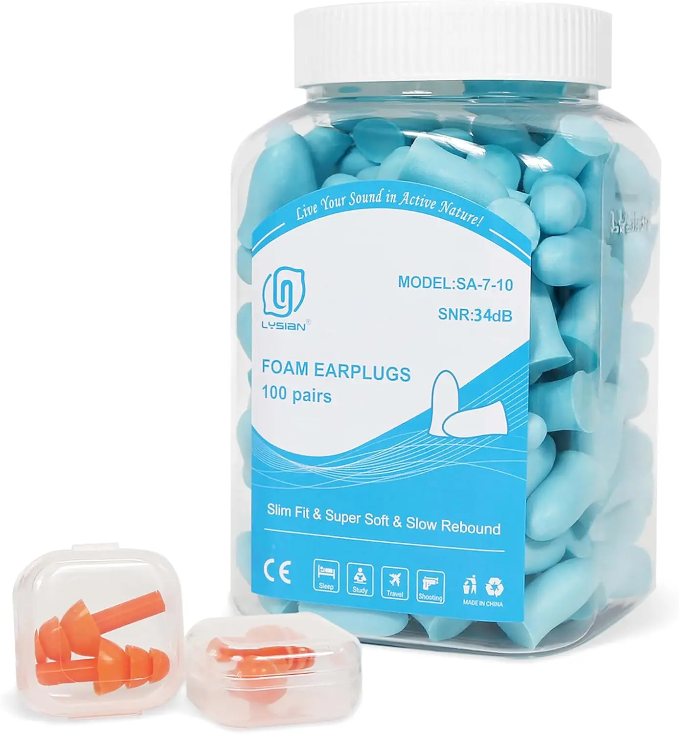 

Slim Fit Foam Ear Plugs for Sleeping, 100 Pairs with Case, 35dB Noise Reduction for Women & Kids