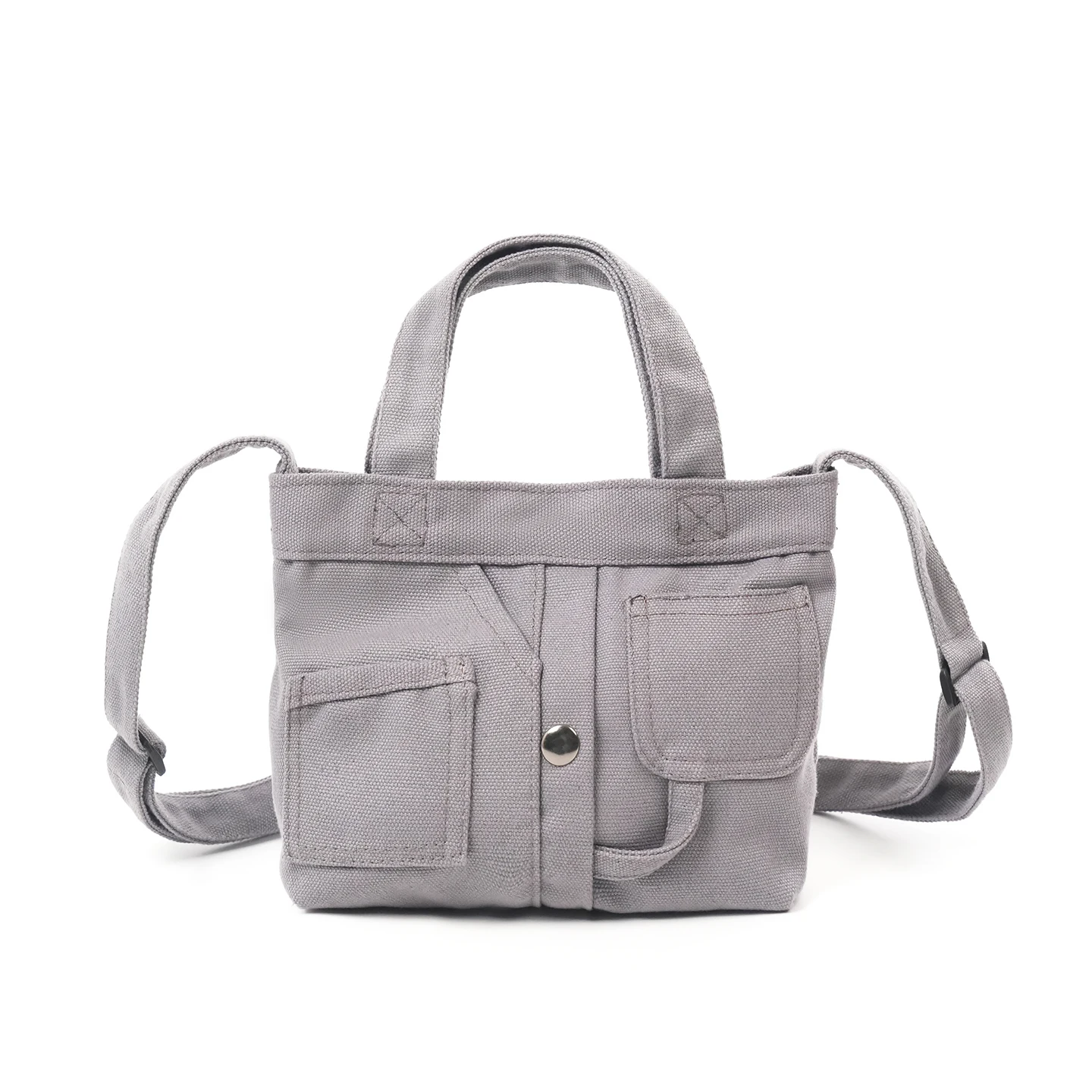 

Мини-сумка-тоут из серой ткани 2-в-1 с верхней ручкой, регулируемая сумка через плечо с передними карманами и застежкой на кнопку для повседневных поездок женщин