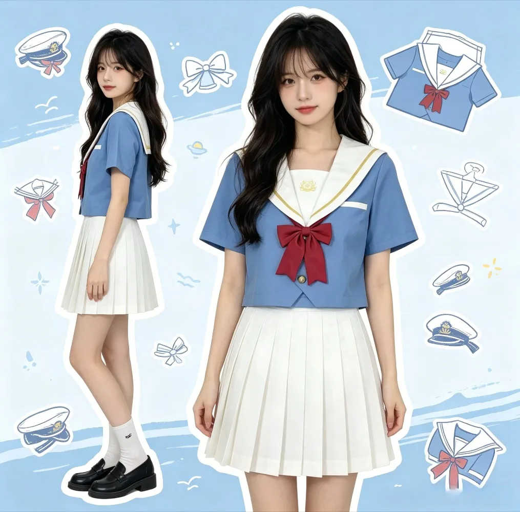 

Light Blue Cherry Blossom Sailor Suit JK Uniform, Japanese College Pleated Skirt School Uniform for Campus Graduation Daily Wear