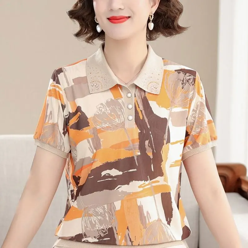 Vintage Broken Flowers Printed Shirt Summer Short Sleeve Fashion Diamonds Commute Female Clothing Lapel Casual Spliced Blouse