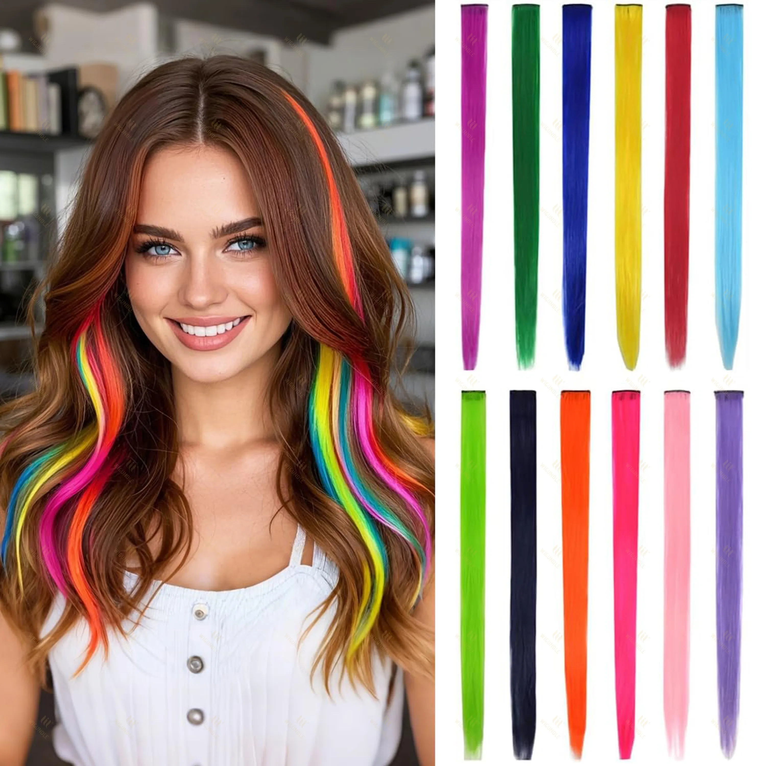 

22 inches Colorful Clip-in Hair Extensions Party Highlights Heat-resistant Straight Long for Female Halloween Christmas Cosplay