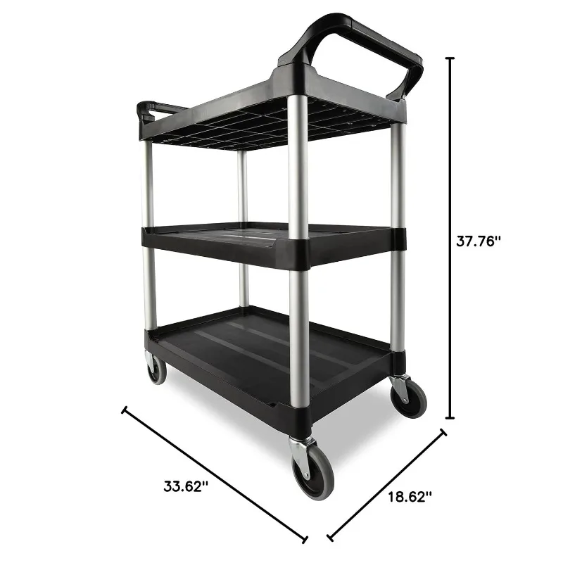 Heavy Duty 3-Shelf Rolling Service/Utility/Push Cart, 200 Lbs. Capacity, Black, for Foodservice/Restaurant/Cleaning/Warehouse