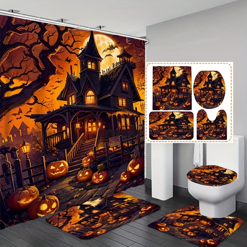 Spooky Halloween House And Pumpkin Bath Set: Includes 12 Free Hooks, 70.8In/180Cm Shower Curtain, 13.5In/35Cm Oval Mat, 17.7In/4