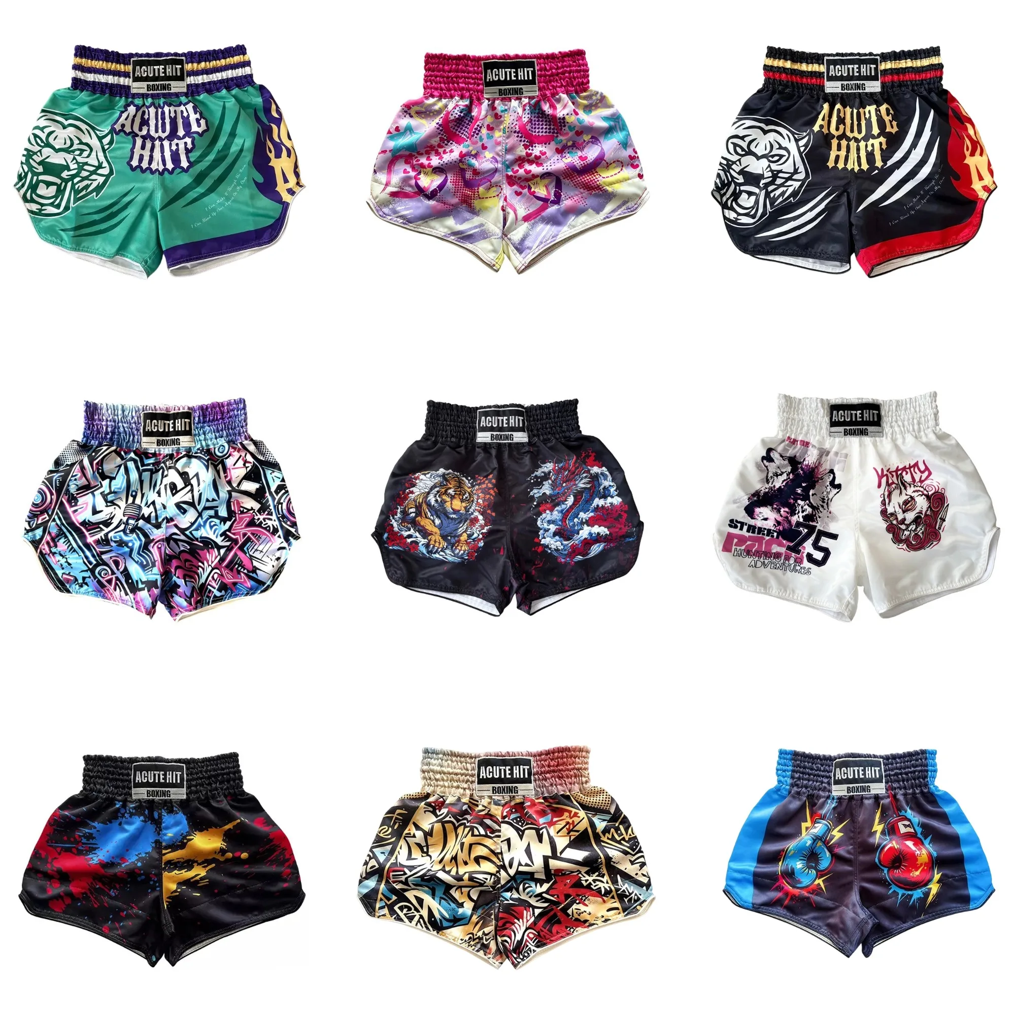 Muay Thai Shorts Adult Kids Tiger Sublimation Thai Boxing Shorts Satin Kickboxing MMA Martial Arts Training Sparring Fight Pants