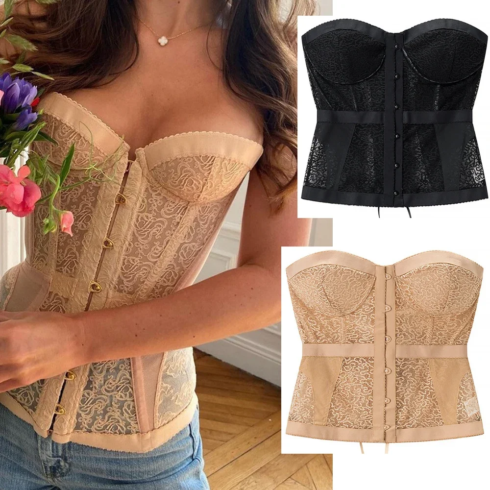 

Women Bandage Party Off Shoulder Slim Chic Vest Sexy Lace Strapless Hollow Out Corset Backless Sleeveless High Street Tops