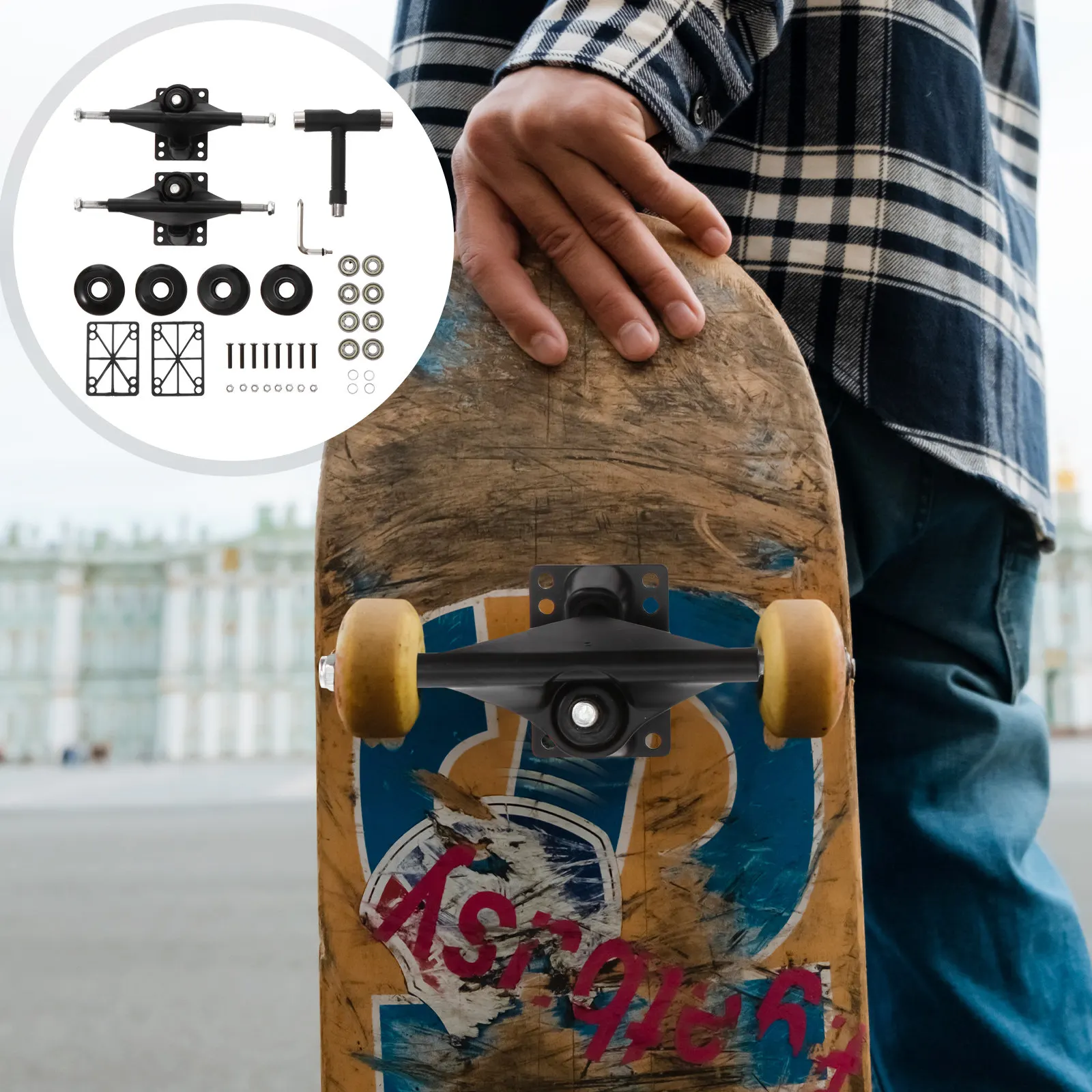 1Set Professional Skateboard Bridge Accessories Kit Complete Skateboard Bearings and Wheels Set Sturdy Easy Install Double Tilt