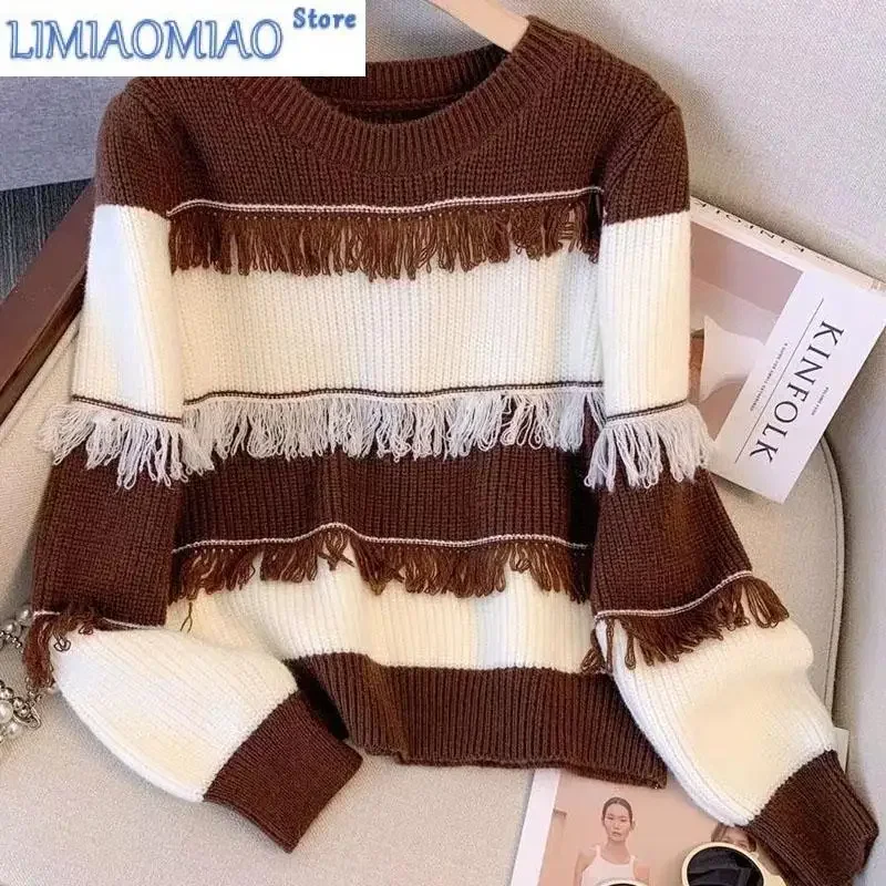 

New Autumn/Winter Fashion Korean Stripe Color Matching Versatile Round Neck Tassel Lazy Style Slim Long Sleeve Knitted Sweater