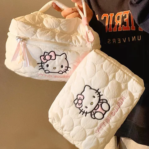 Sanrio 헬로 키티 크림 다운 소프트 클라우드 메이크업 가방 대용량 높은 아름다움 휴대용 여행용 수납 가방 소녀 생일 선물 Best5