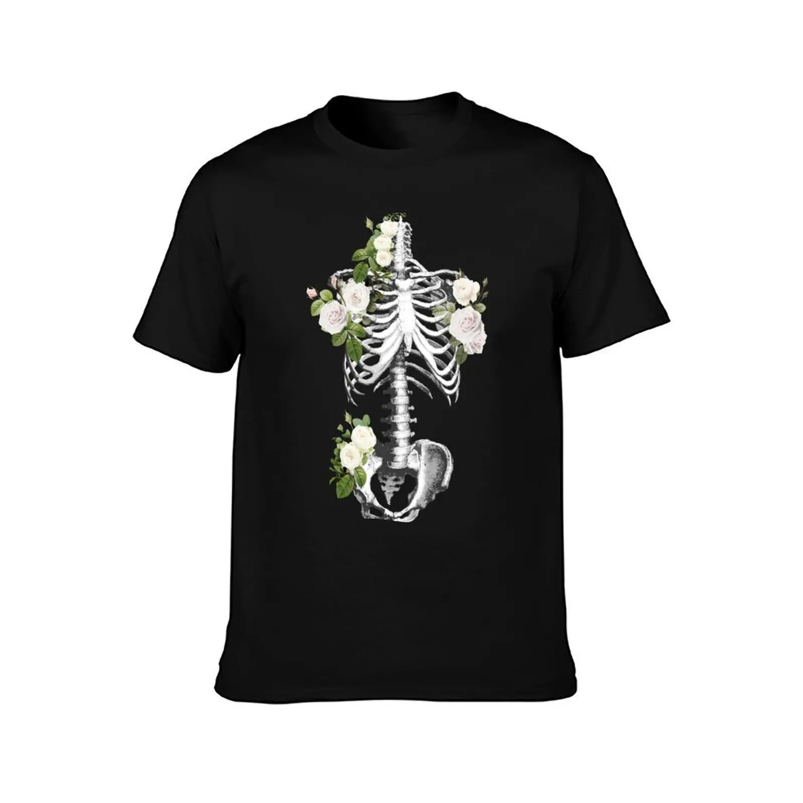 Ossos e Botânica, Ribcage cheio de rosas e folhas brancas, Anatomia Arte, torácica, preto e branco, folhas anatomia Ribca Camiseta