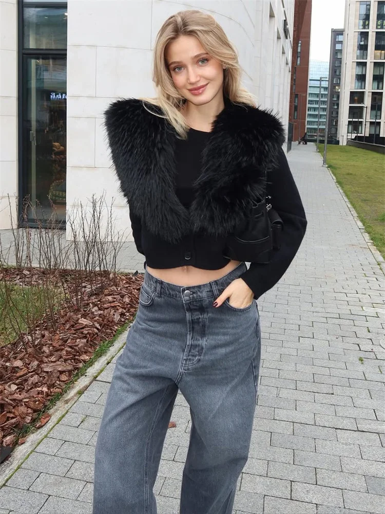 

Tossy Black Winter Knit Sweater Cardigan Female Fur Feather V-Neck Ribbed Patchwork Cropped Coat Top Knitwear Women's Cardigan