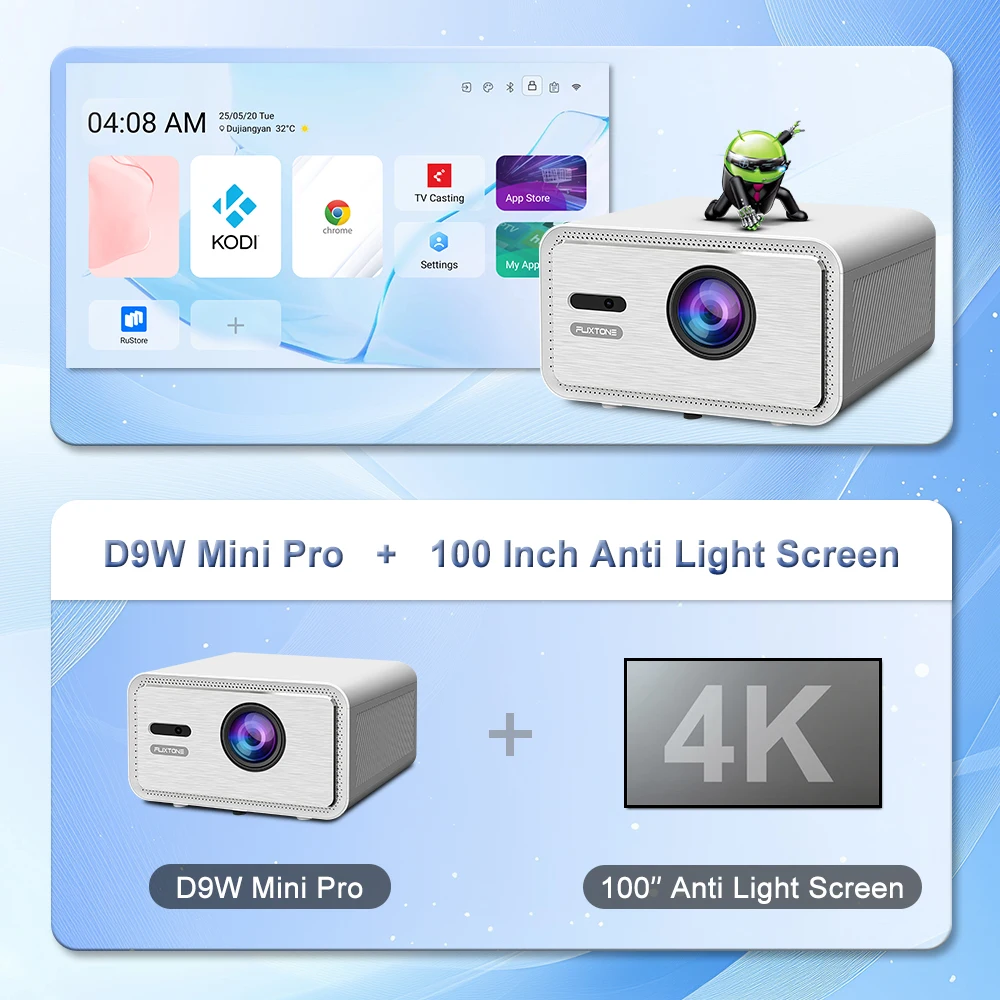 Flixtone D9W Mini Pro Projector+100 inch Screen 2700 ANSI Lumens Full HD 1080P Android Smart TV Video LED Home Theater