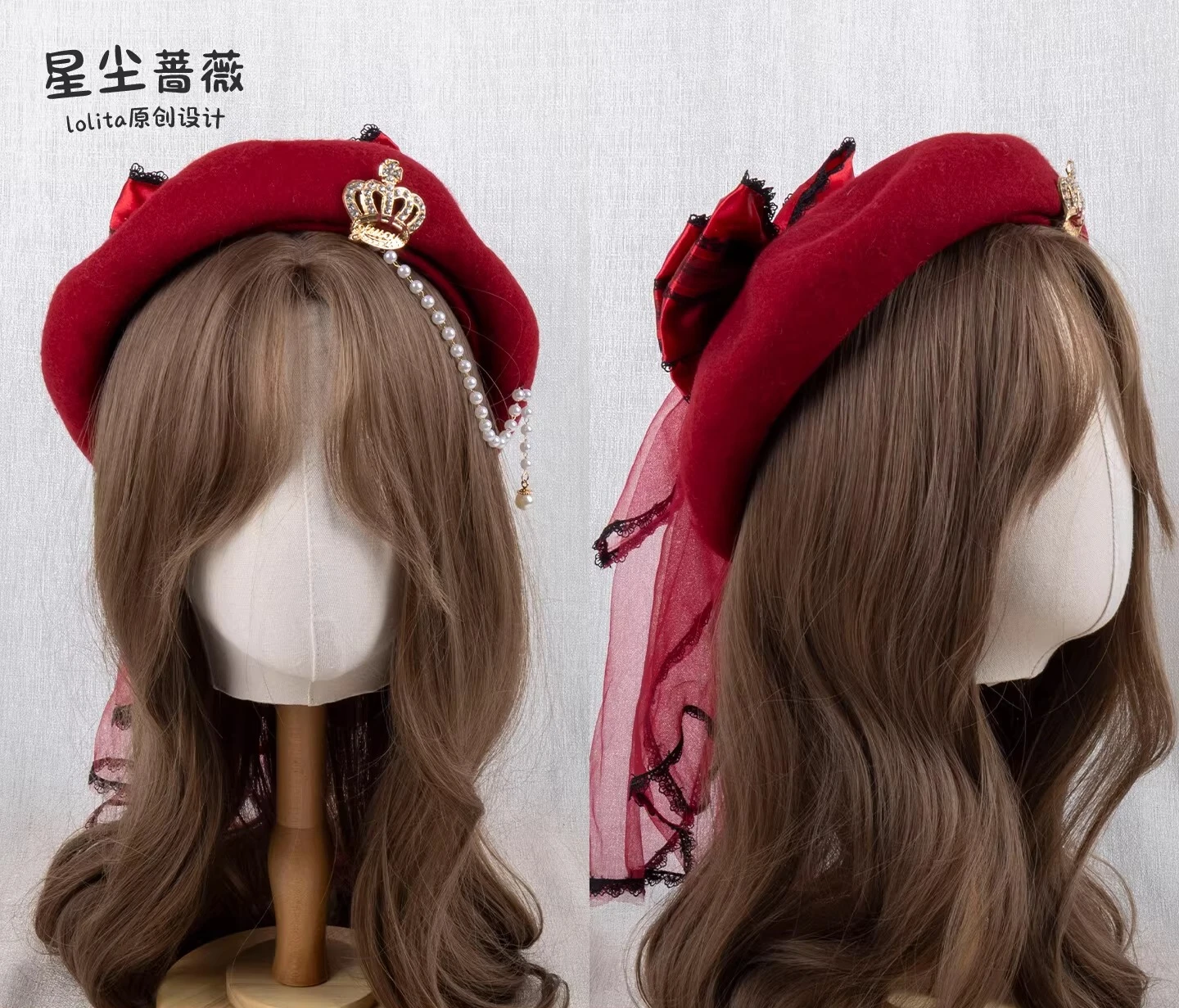 

Japanese Handmade Original Design Girl's Heart Lolita Bow New Year's Red Flower Wedding Woolen Hat Lace Sweet Beret Woman