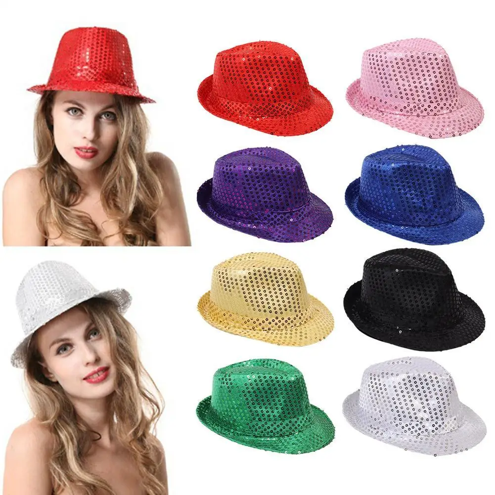 Jazz Hat Glitter Sequins Cowboy Caps Role Play Prop Performance Costume Women Men Shiny Beading Hats Dance Show Party Hip Hop