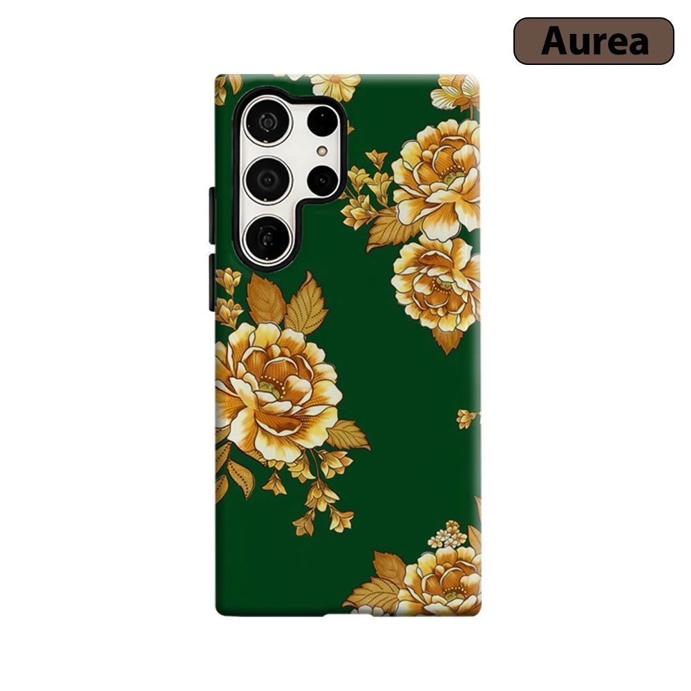 Dark Green Golden Floral Phone Case for Samsung Galaxy S25 Ultra S24 S23 Ultra Plus Shockproof Double Layer Tough Back Cover