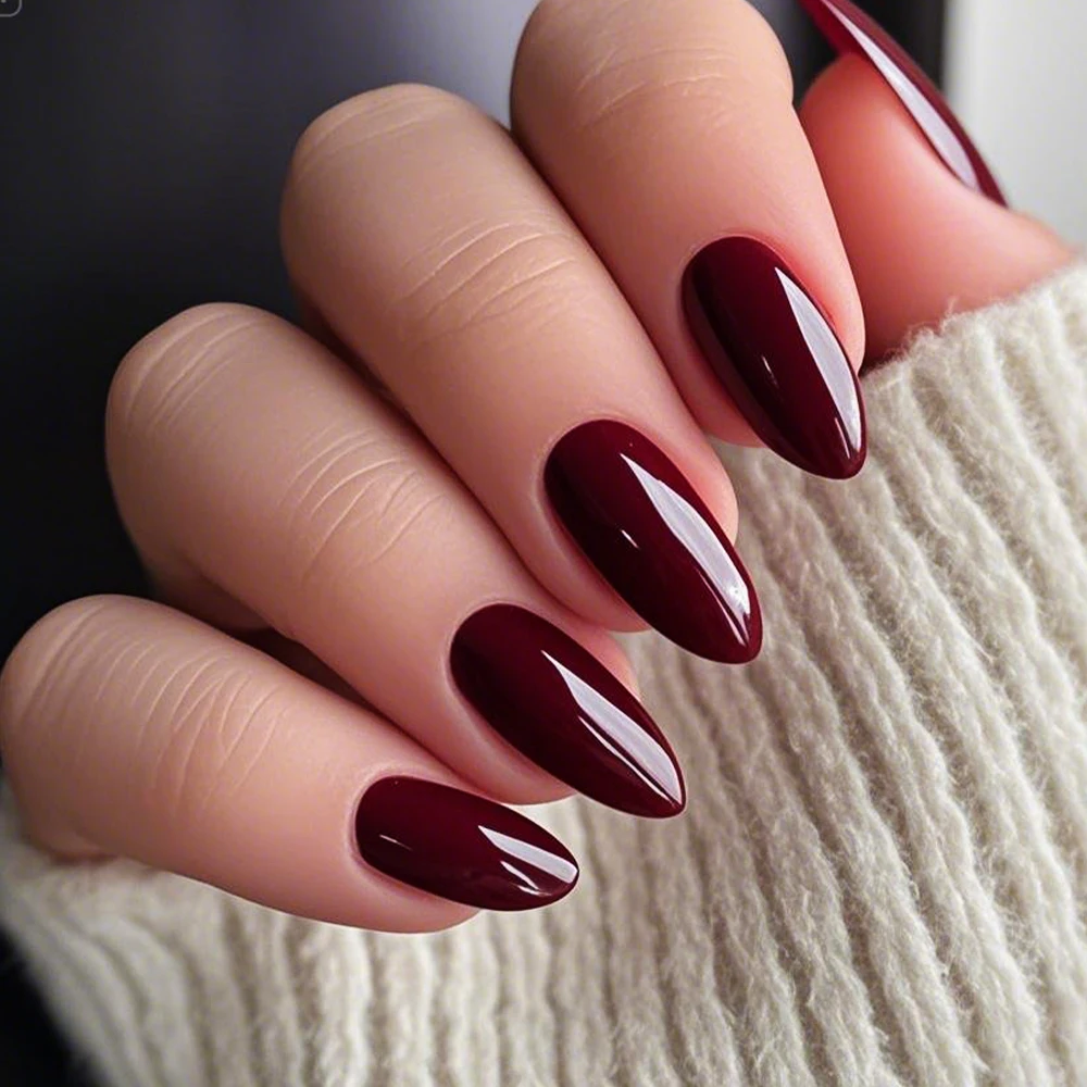 120Pcs Wine Red Short Almond False Nails Tips Full Cover Korean Press On Nail Oval Fake Fingertips for Nail Art Extension Tips *