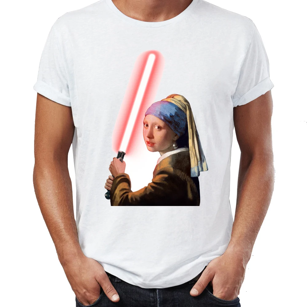 Hot Men's t-shirt Girl With A Lightsaber Pear Earring Famous Painting Parody Awesome Artwork Printed Tshirt Tees Tops Harajuku