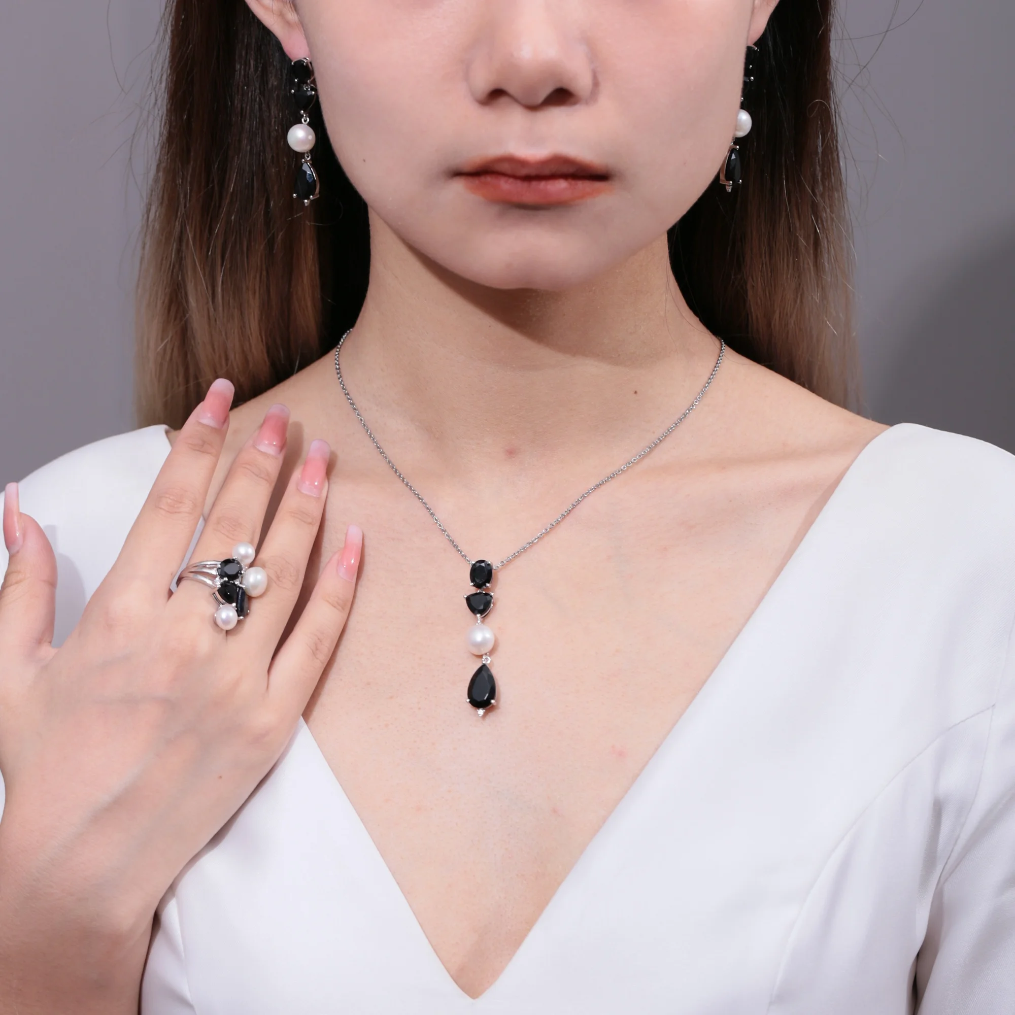 C8319 Abding Classic Fresh-water Pearl Black Onyx Gemstone 925 Sterling Silver Ring Necklace Earrings Jewelry Set