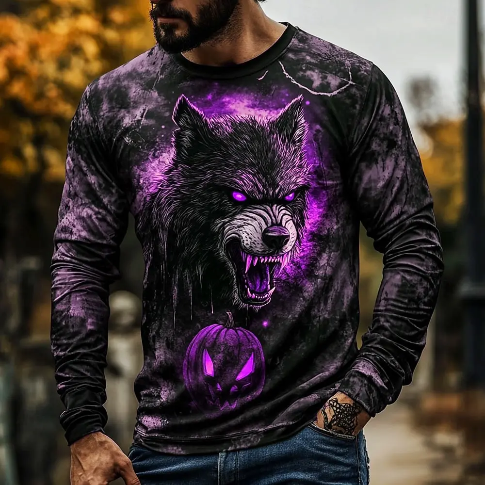 

2025 Fall Halloween Wolf Print Long Sleeve T-Shirts for Men Vintage Streetwear Casual Tops Halloween Theme Casual Tees Winter