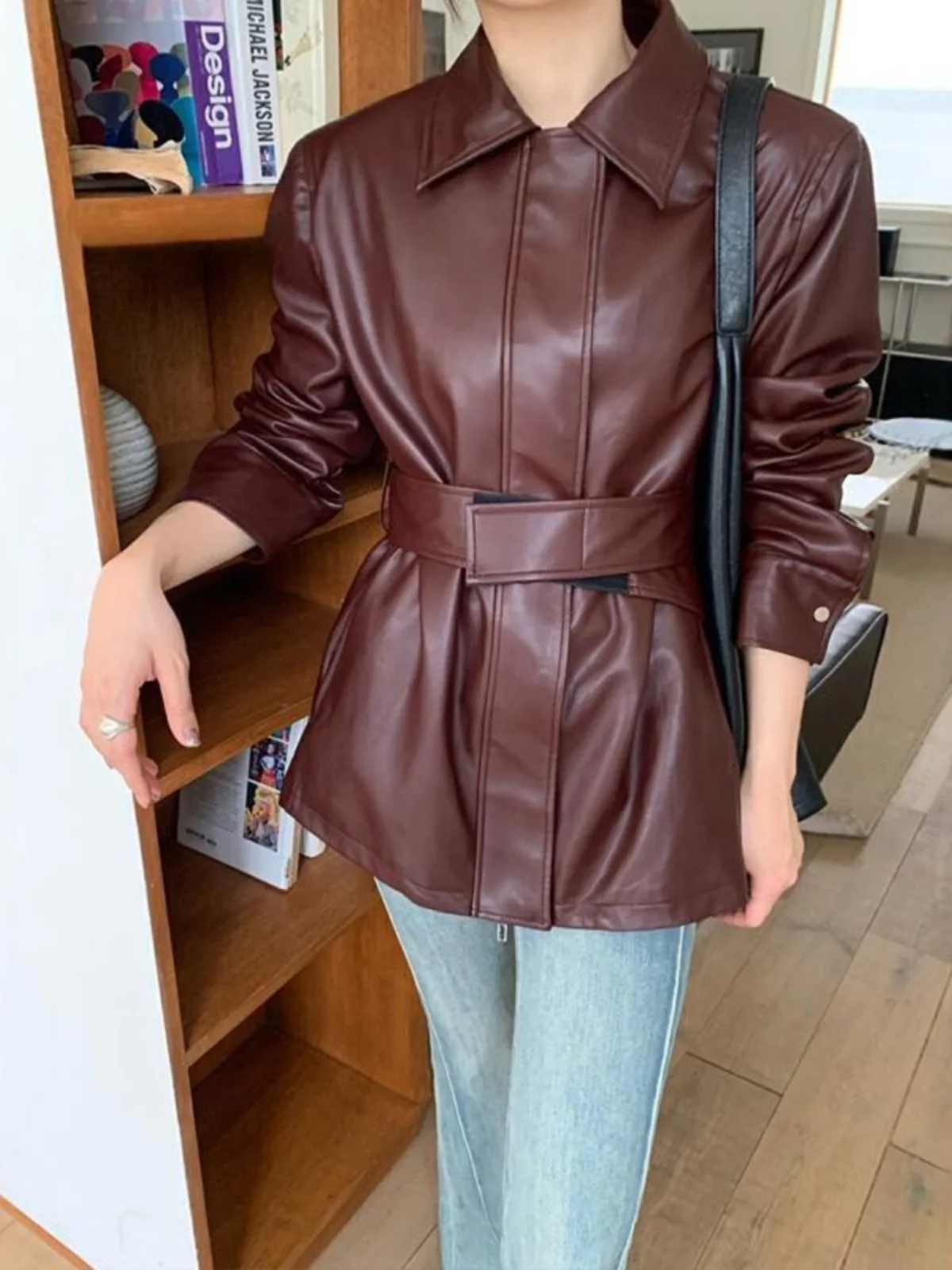 

Women's Biker Jaet Coat Waist-Cinching Slimming Mid-Length Casual Versatile Leather Jaet Spring 2025 Commute Sle