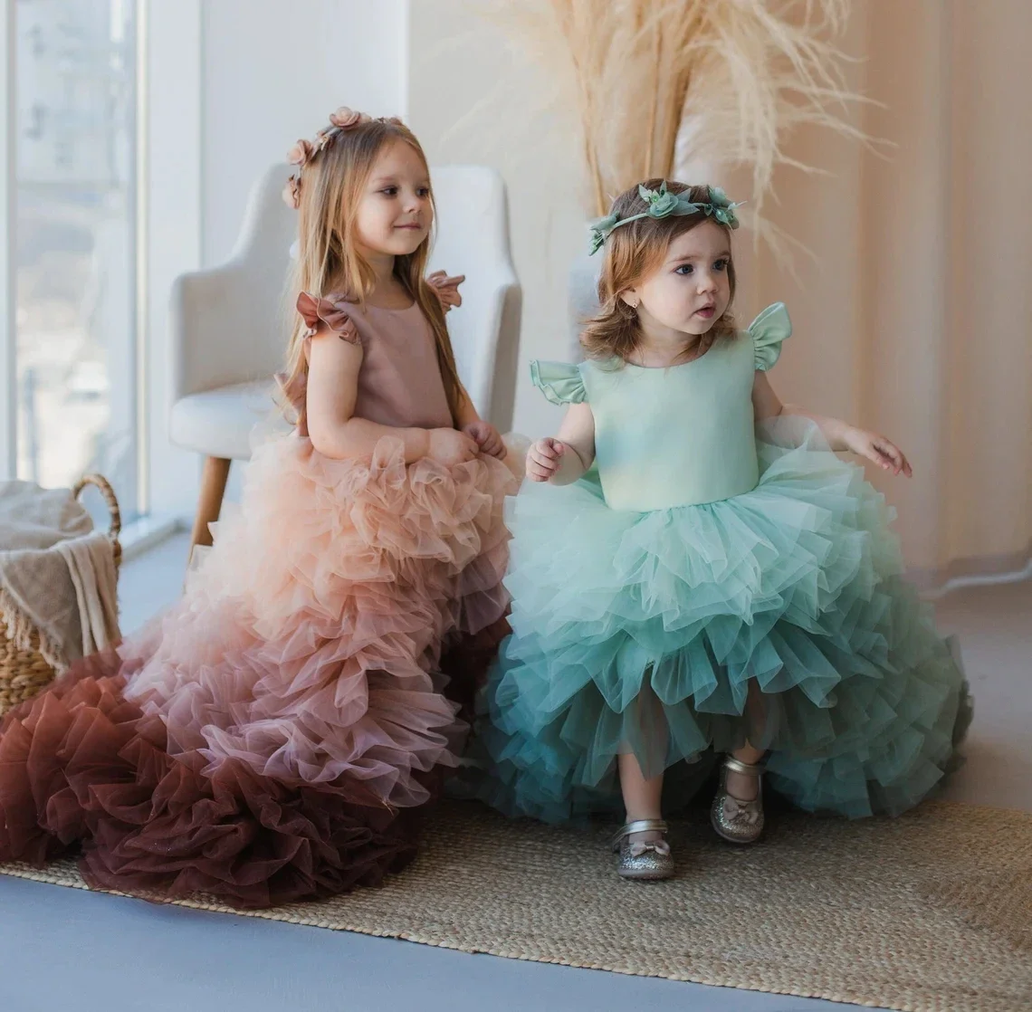 Robe de demoiselle d'honneur gonflée en couches, en tulle, pour mariage, première communion, fête d'anniversaire pour enfants, RhG