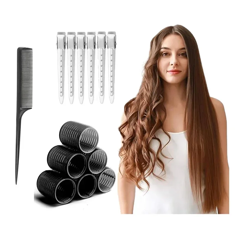 13pcs Black Self Grip Hair Rollers No Heat Hair Curlers Heatless Curls Hair Bangs Volume Self-adhesive Hook DIY Styling Tools