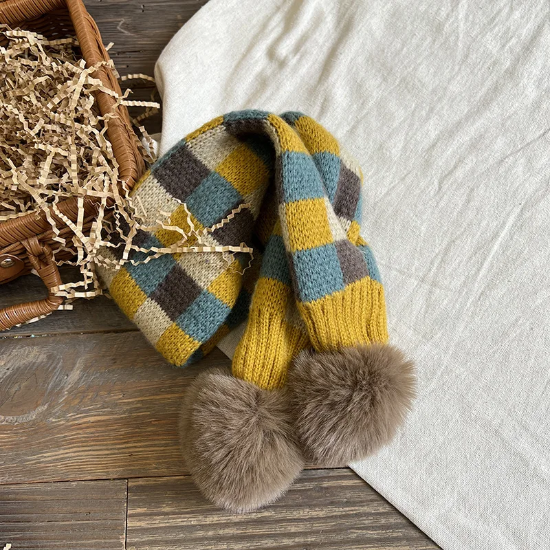 Autumn Winter Warm Children\'s Scarves Plaid Plush Balls Soft Comfortable Baby Kids Neck Collar Ring Scarf Muffler for Boys Girls