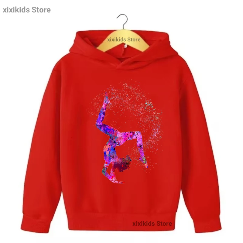 2025 Watercolor Artistic Gymnastics Printed Cap Hoodies Funny Sports Kids Clothes Spring/ Autumn/Winter Plus Velvet Sweatshirt