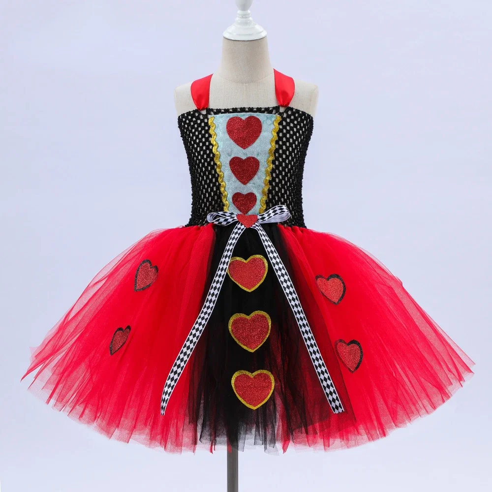 Tutu Red Queen of Hearts Costumes Girls Alice in Wonderland Fancy Dress Kids Carnival Halloween Outfit With Crown Magic Stick