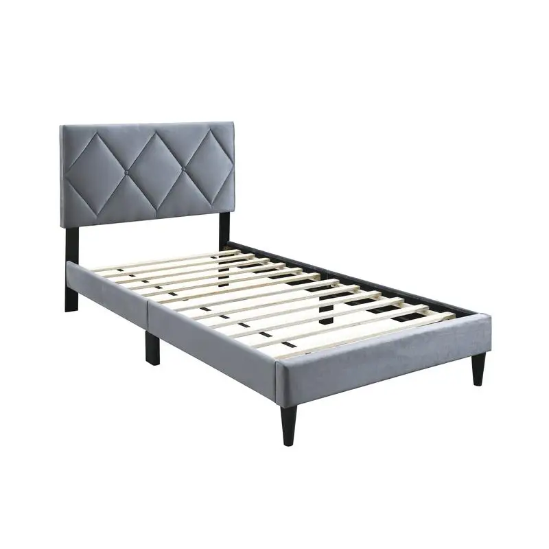 إطار سرير مزدوج الحجم مع لوح رأسي قابل للتعديل، أثاث منجد باللون الرمادي المخملي لغرفة نوم الشباب