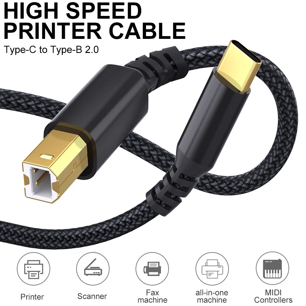 Braided USB Type C to USB B Printer Scanner Cable Gray Cord For Canon Epson HP Samsung Universal Office Data Transfer Wire