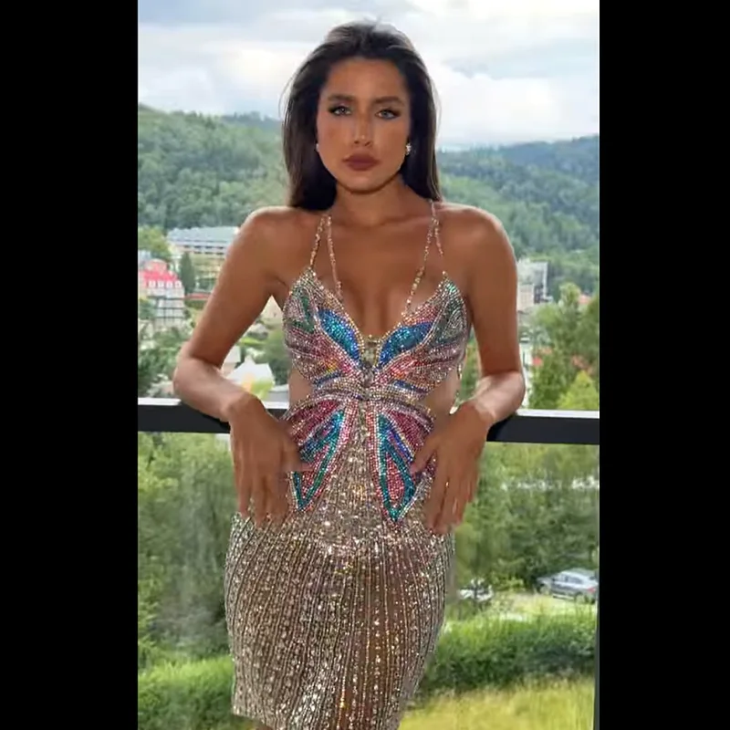 Borboleta lantejoulas bordado sexy baixo corte oco para fora cinta vestido socialite festa férias vestido