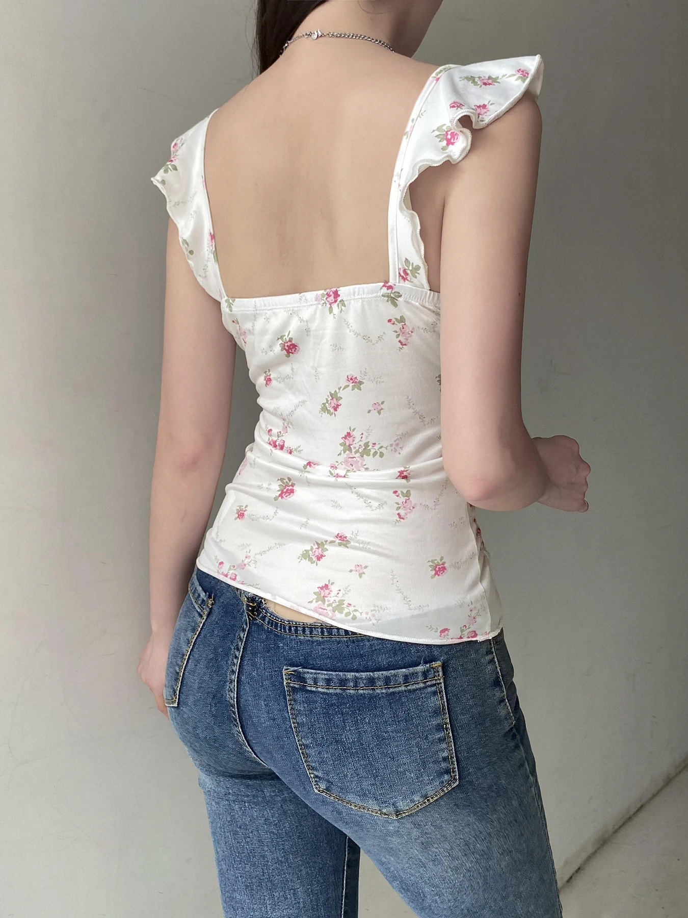 Rockmore New Casual Ruffle Tank Top Y2k Aesthetic Vintage Floral Print Sleeveless Beach Tee Streetwear Camis Elegant Sweet Vest