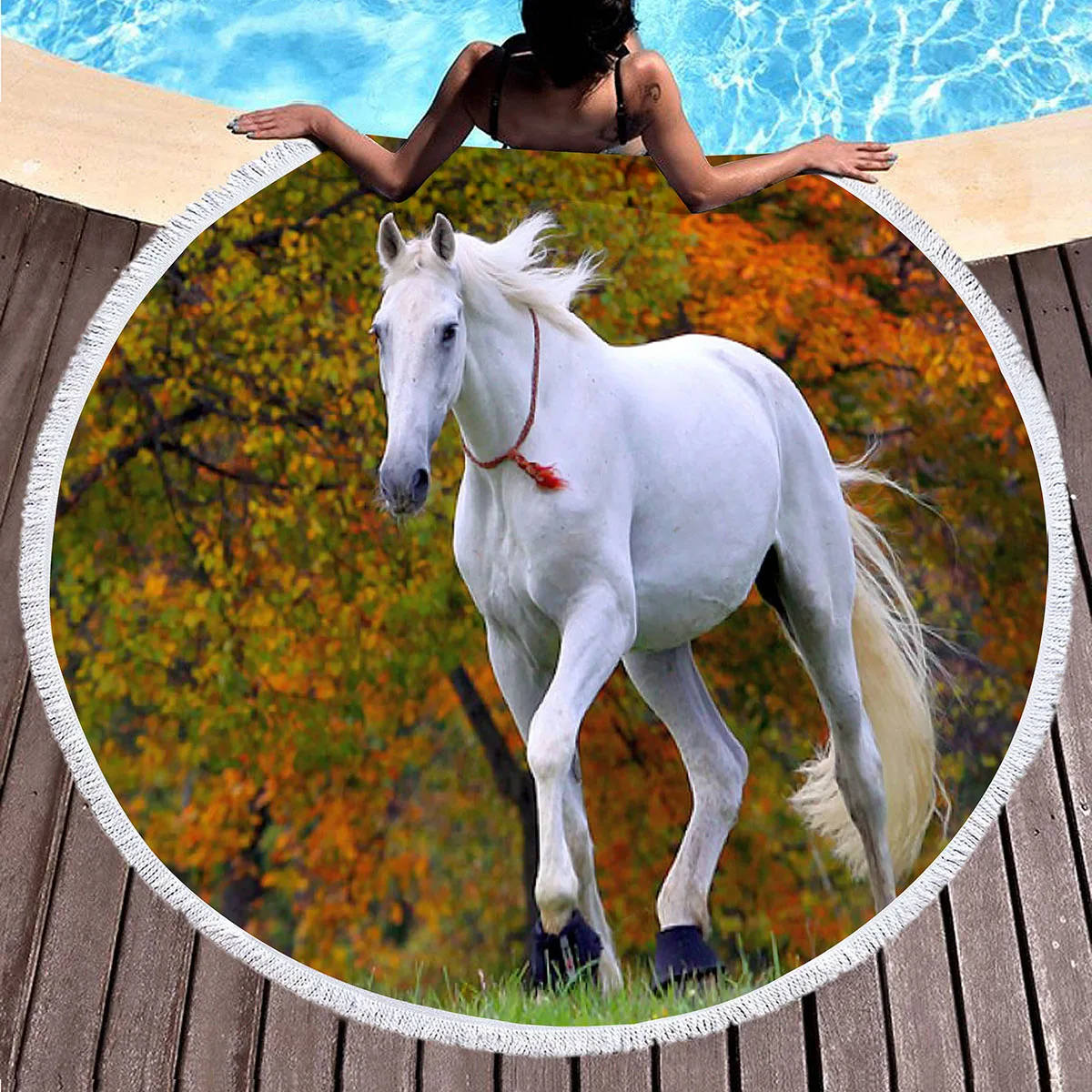 مزرعة الحيوان الحصان منشفة الشاطئ المستديرة، تشغيل الحصان بطانية شاطئ شال لينة ستوكات ماصة سريعة الجافة منشفة حمام السباحة نزهة الحصير #4