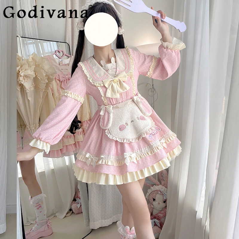

Original Japanese Soft Girls Lolita Pink Long Sleeve Dress OP Spring Autumn New Women's Cute Bow Cartoon Print Lo Short Dresses
